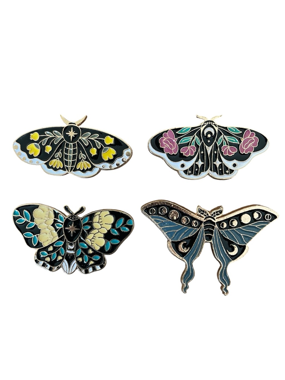 NWT Enamel Moth & Butterfly Decorative Pins – Black, Teal, Yellow, Pink Set of 4